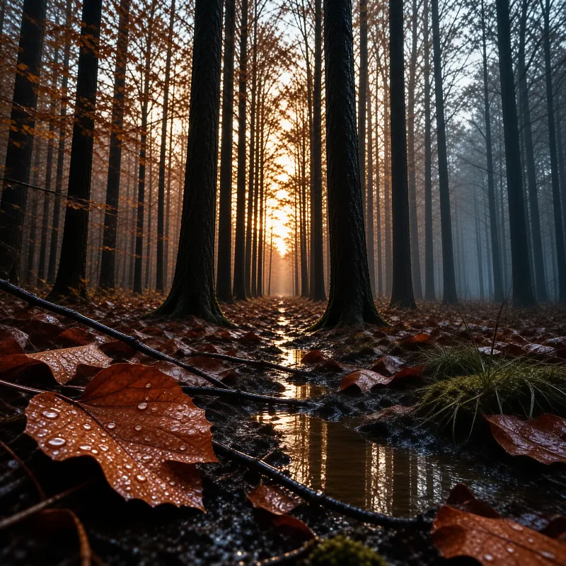 Tall dark trees frame a misty path where wet brown leaves and puddles reflect the golden light of sunrise.