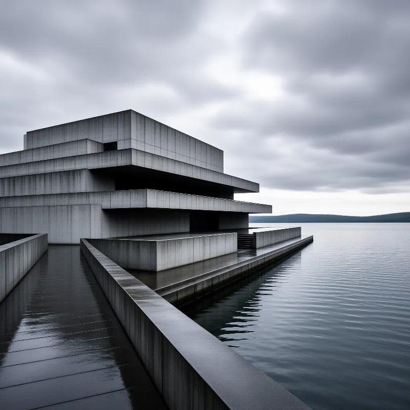 Stacked grey concrete slabs of a modernist building meet calm lake water under a heavy overcast sky.