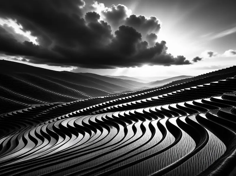 Black and white landscape showing curved terraced fields reflecting sunlight beneath heavy dark clouds with rays breaking through.
