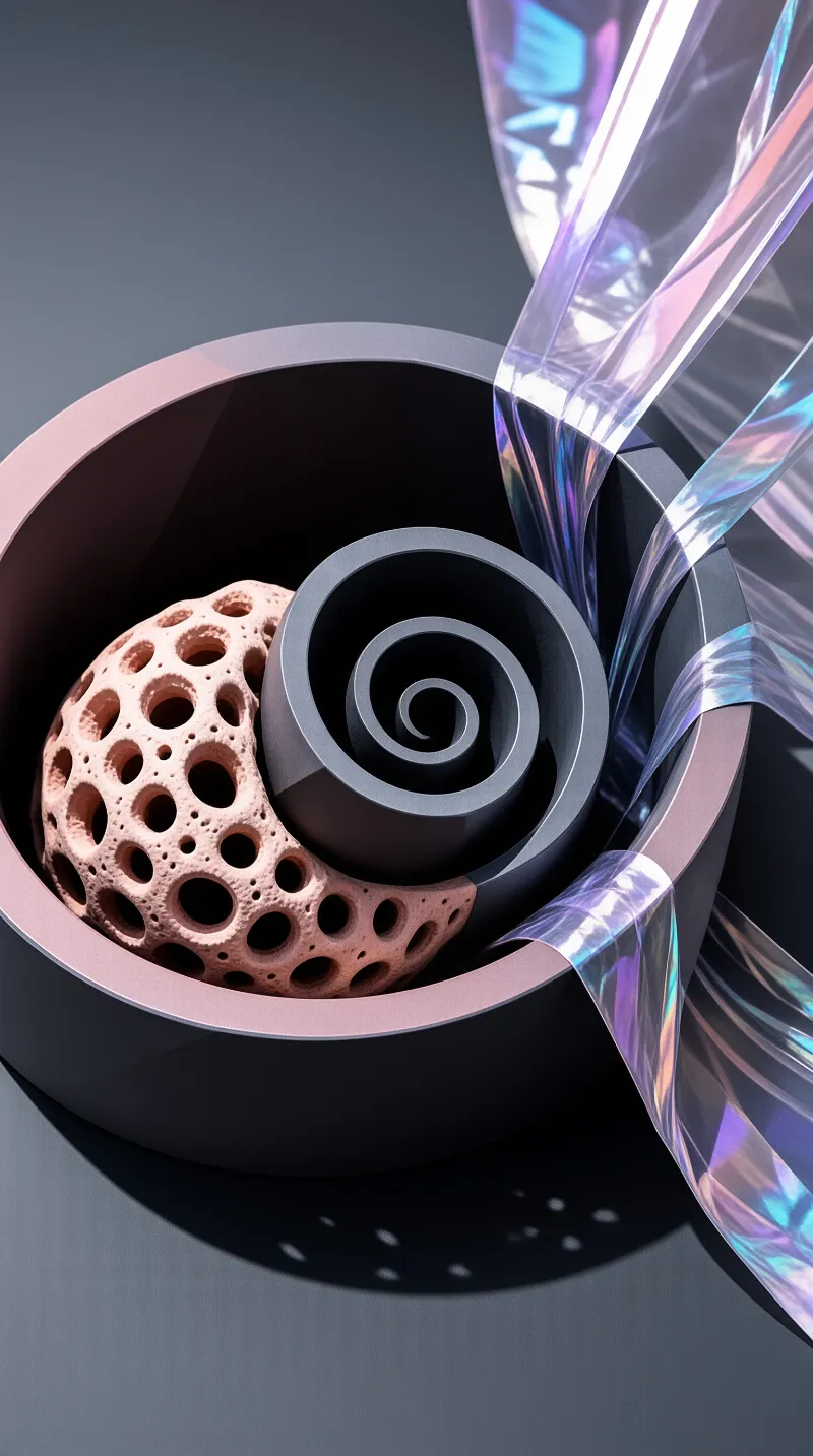 A dark container holds a porous pink object and a grey spiral surrounded by shiny holographic ribbons.
