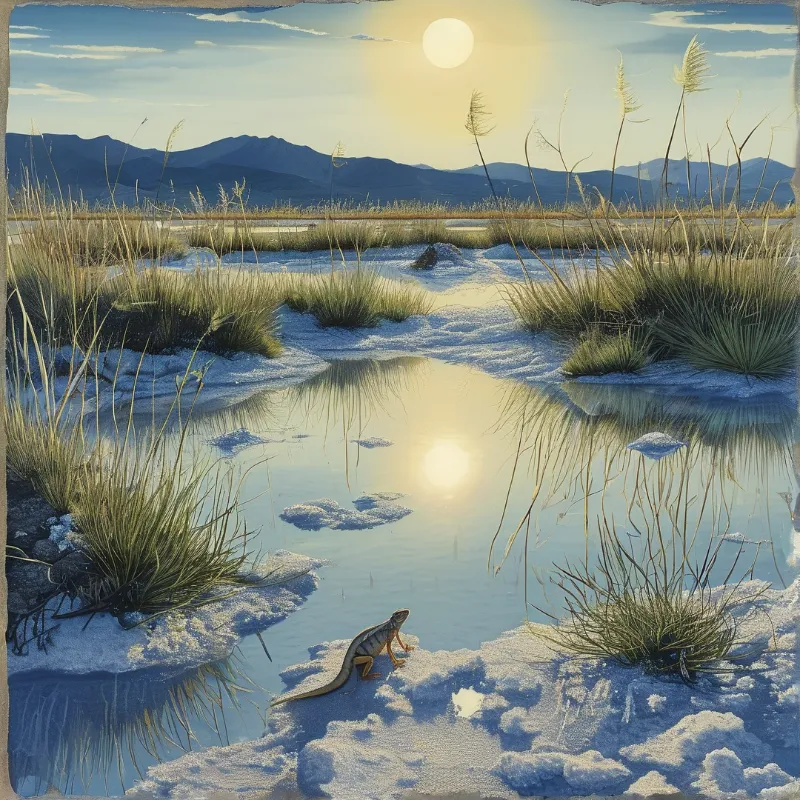 A small lizard stands on frozen ground near a calm stream reflecting a large sun above distant blue mountains.