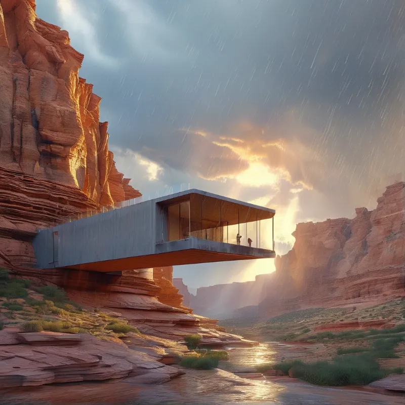 A modern glass house juts from a red rock cliff above a stream as rain falls and sunlight breaks through clouds