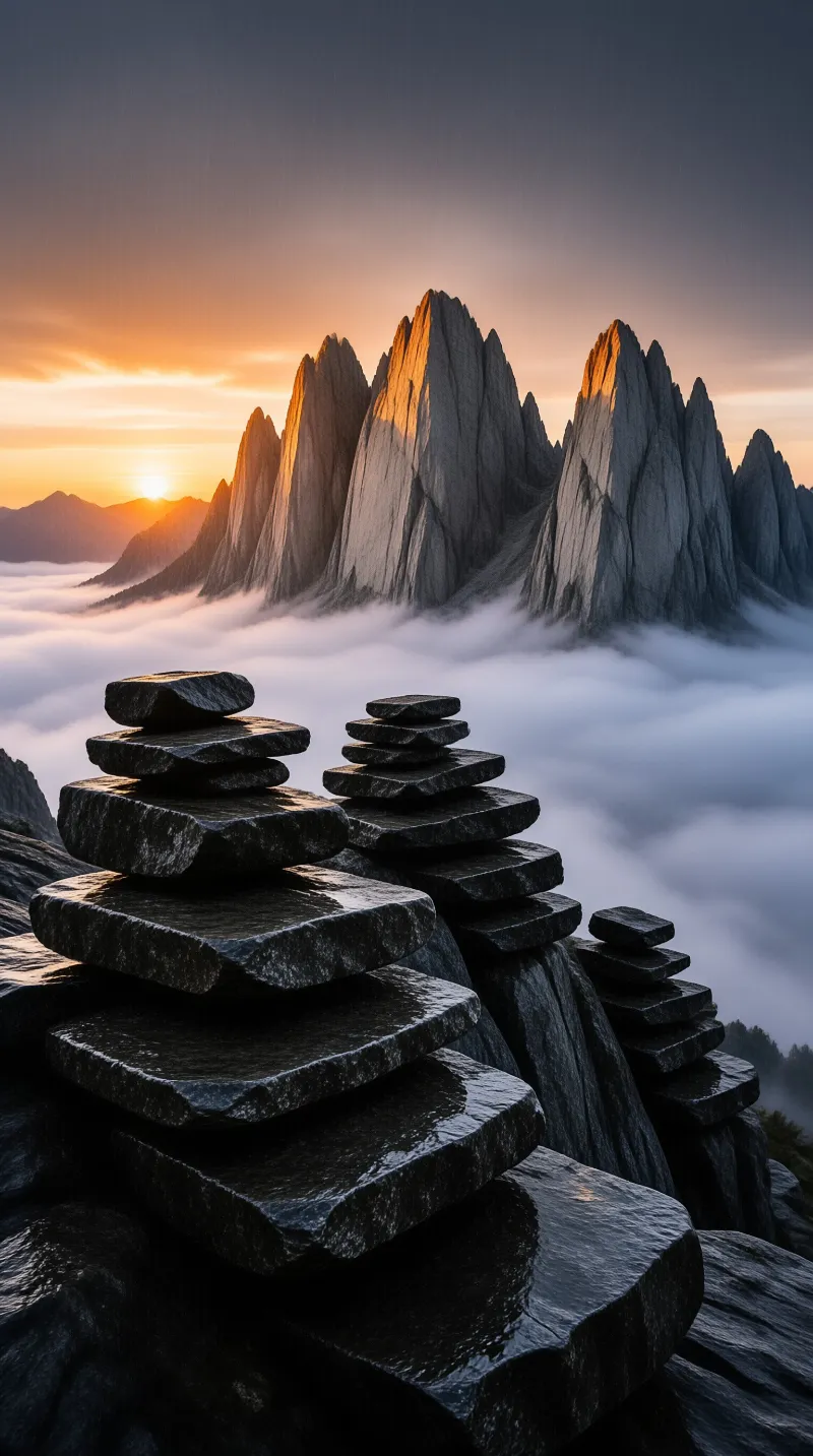 Balanced dark rocks rest before towering peaks glowing under soft evening light.