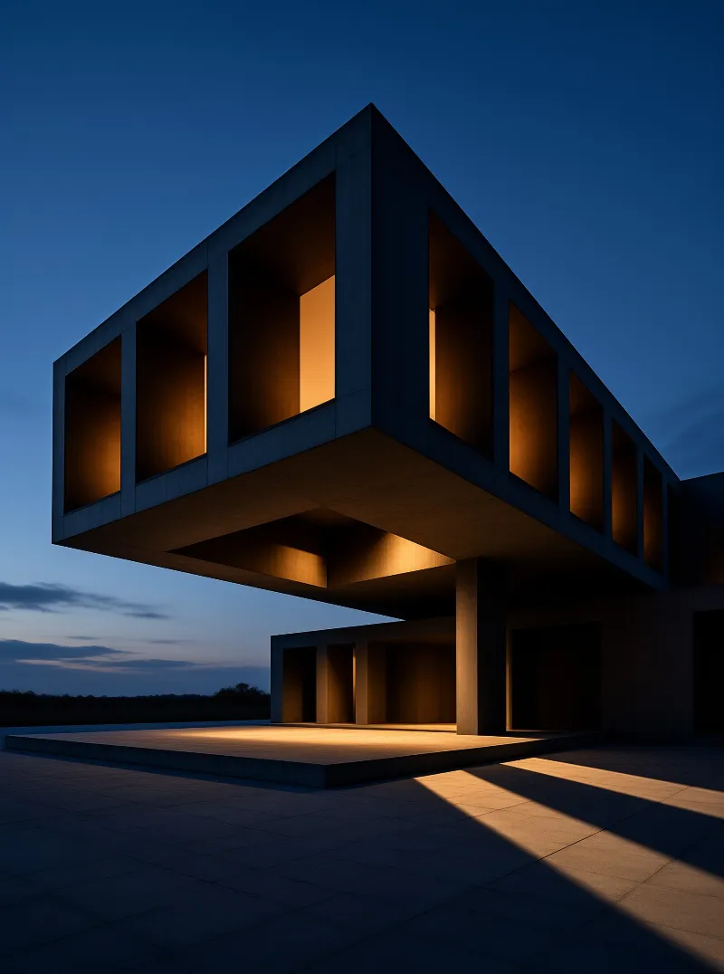 Minimalist concrete architecture glows with golden interior lights against a deep blue evening sky.
