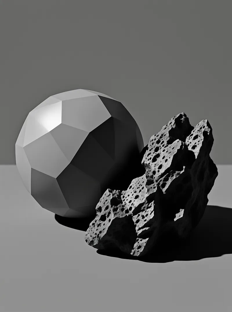 A pale faceted sphere sits beside a dark porous pitted rock on a uniform light grey studio backdrop.
