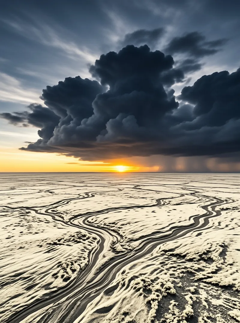 A vast white landscape features winding dark channels leading toward a bright sun beneath heavy clouds.