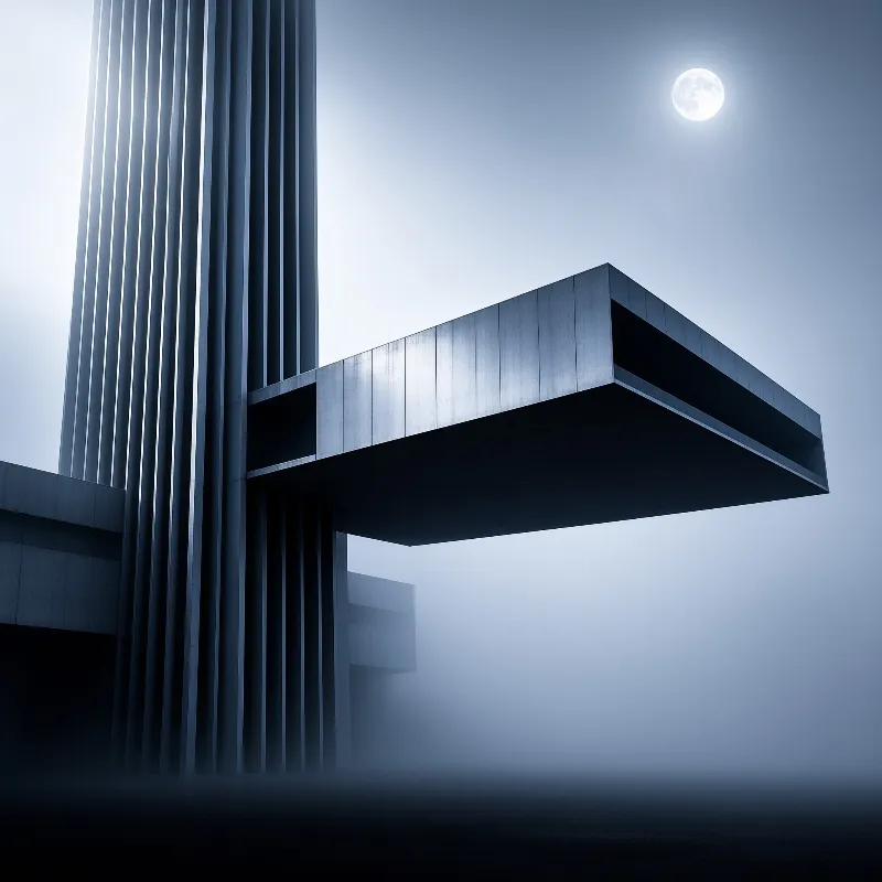 A large grey concrete structure with vertical fluting stands beneath a bright moon in a foggy blue atmosphere.