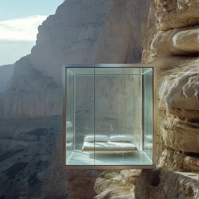 A clear glass structure housing a white bed is mounted against a textured sandstone cliff face in bright daylight.