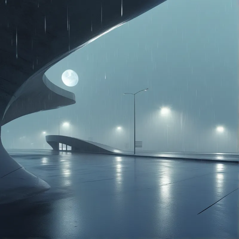Curved concrete structure stands under a rainy sky with a moon and streetlights reflecting on wet pavement.
