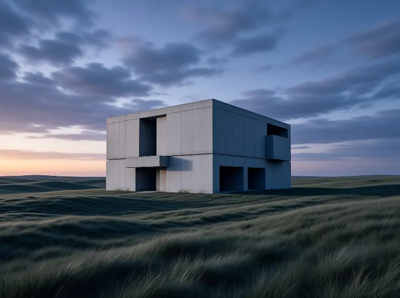 A geometric concrete residence sits isolated in a wide grassy plain while soft purple and blue hues fill the evening sky.