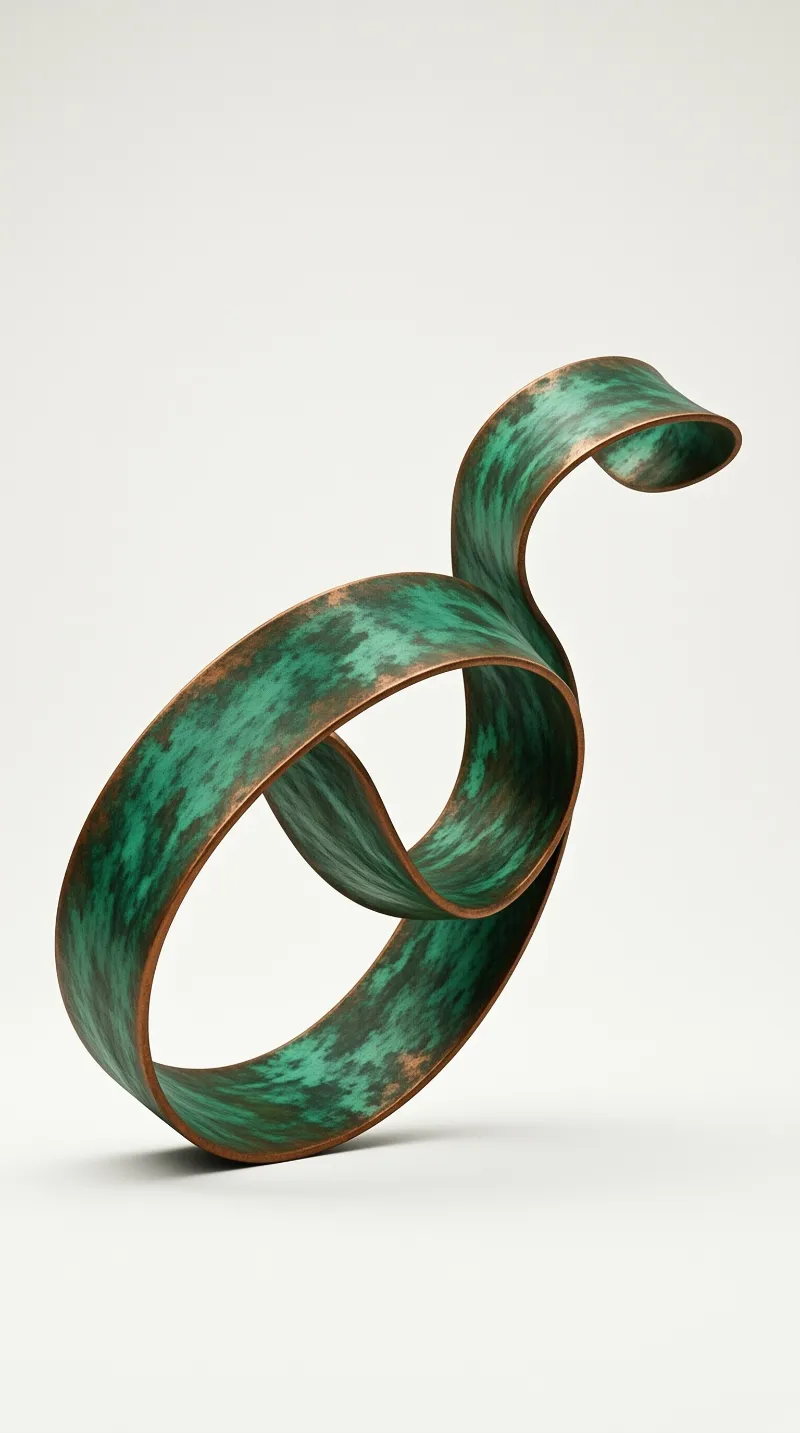 Twisted copper metal strip showing green patina against a plain white background with soft lighting.