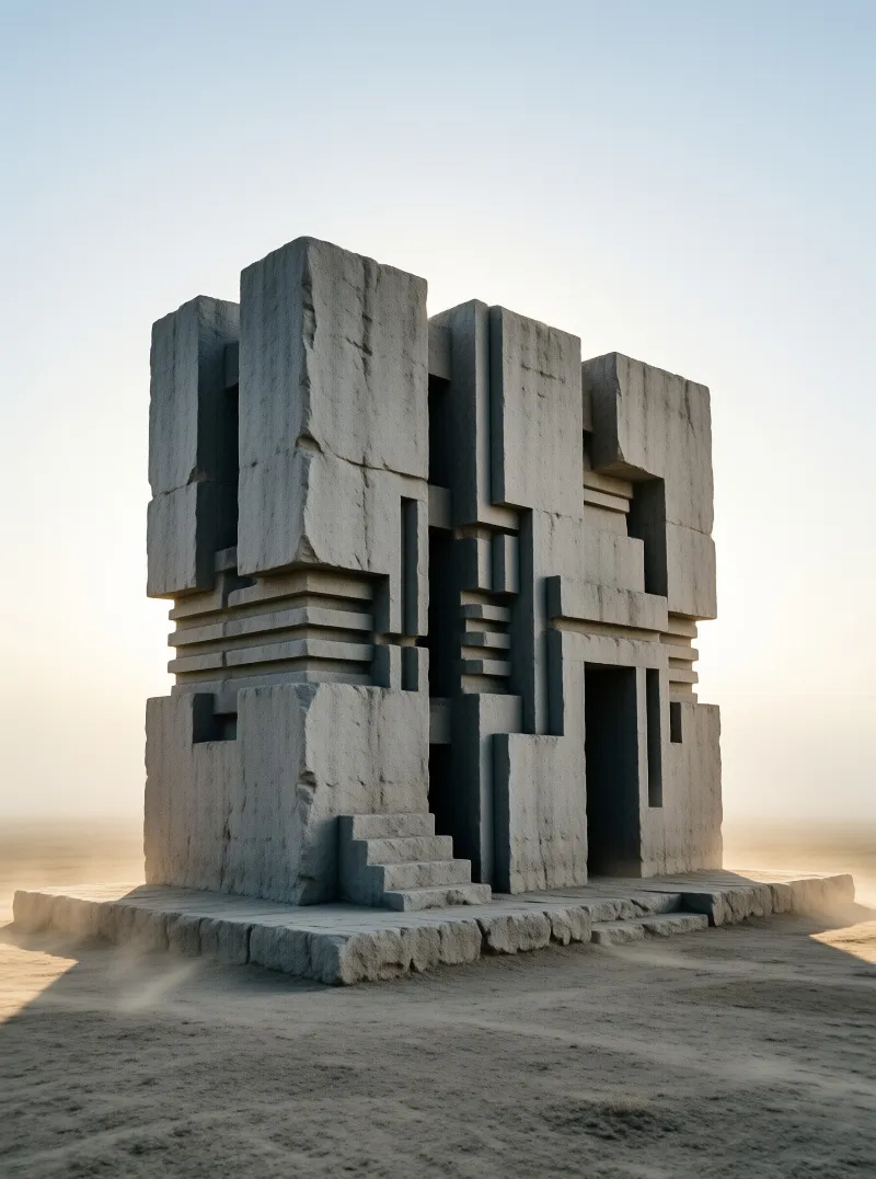 A massive rough-hewn concrete edifice stands alone on a flat sandy plain enveloped in soft golden mist.