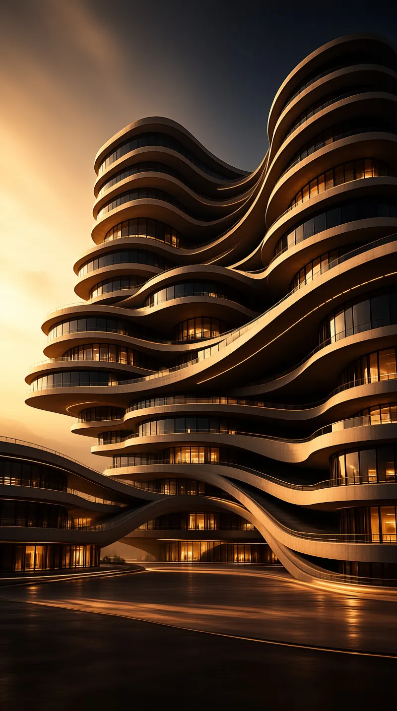 A futuristic undulating building features warm interior lights against a darkening sky above reflective ground