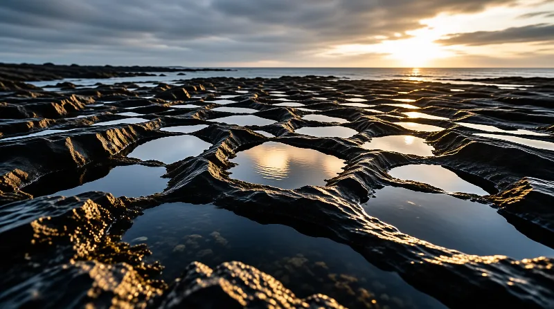 Dark textured coastal formations create a grid of shallow pools mirroring the warm light of a low sun.