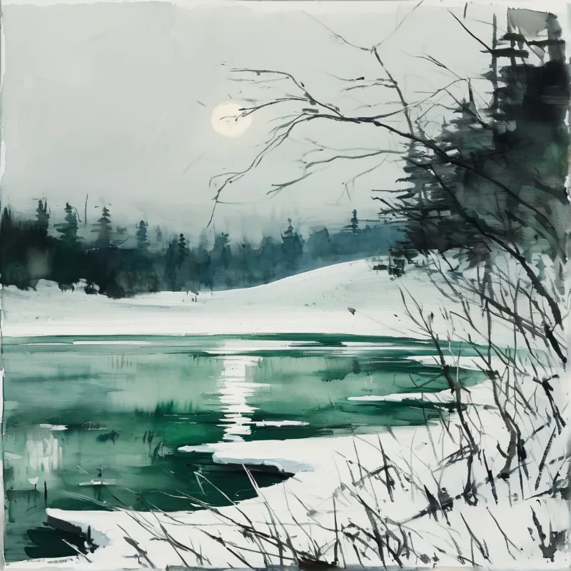 Painting of a winter landscape with a frozen green lake, dark forest, and a pale moon shining in a foggy sky.