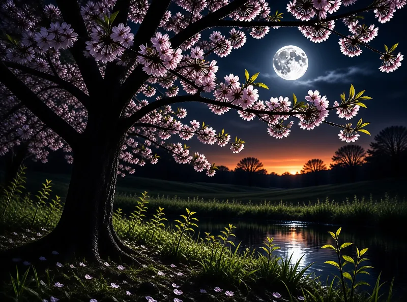 A large cherry blossom tree stands beside a pond reflecting the horizon and a bright full moon in the night sky.