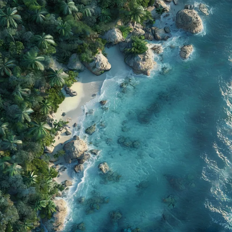 Aerial view of a tropical coastline where dense palm forests meet a white sandy beach and clear turquoise water with scattered rocks.