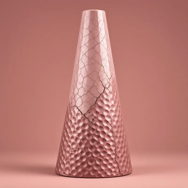 A tall pink conical object featuring a cracked upper surface and a dimpled lower section against a matching background.