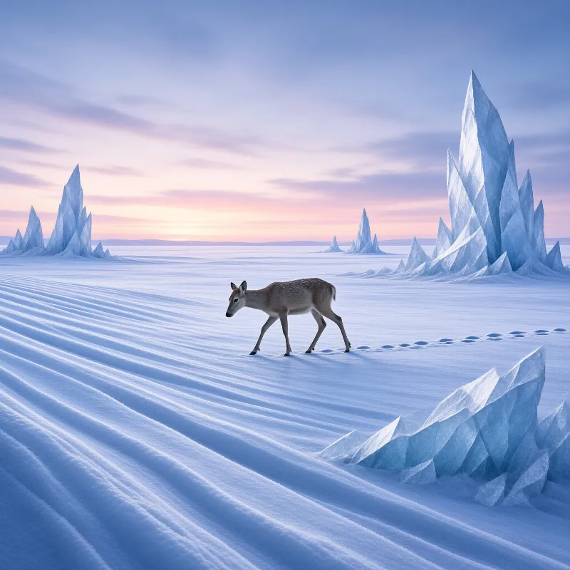 A solitary deer walks across rippled snow towards jagged blue ice formations under a pastel sky.