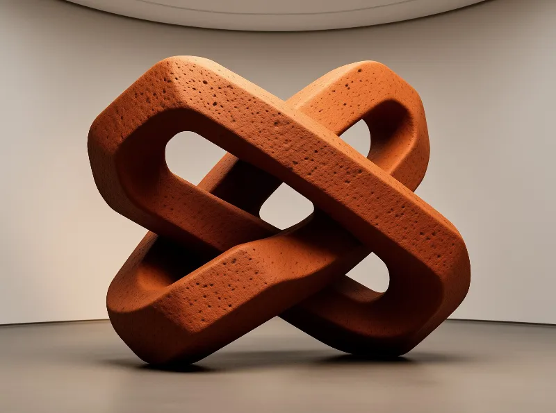 A textured orange sculpture resembling a knot stands in a curved white gallery with soft shadows on the floor.
