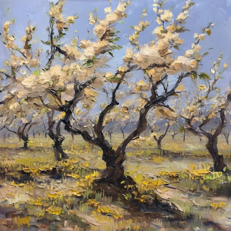 Impasto oil painting of orchard trees laden with pale blossoms in a sunlit yellow spring meadow against a soft pale blue sky.