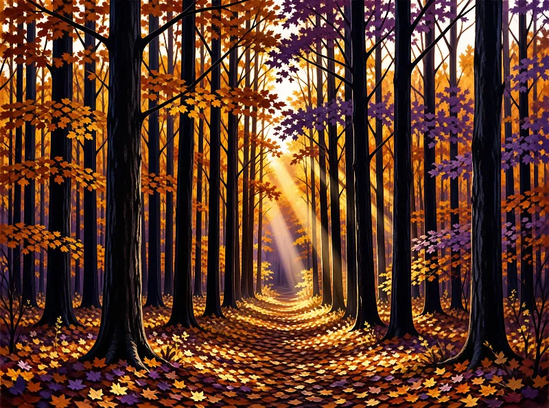 A winding path through an autumn forest of tall trees with colorful leaves and a bright sunbeam shining through the branches.