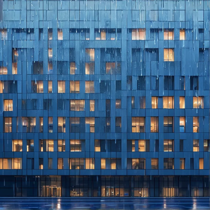 Rain runs down a dark blue glass building facade, warm light glows from scattered windows above wet reflective pavement.