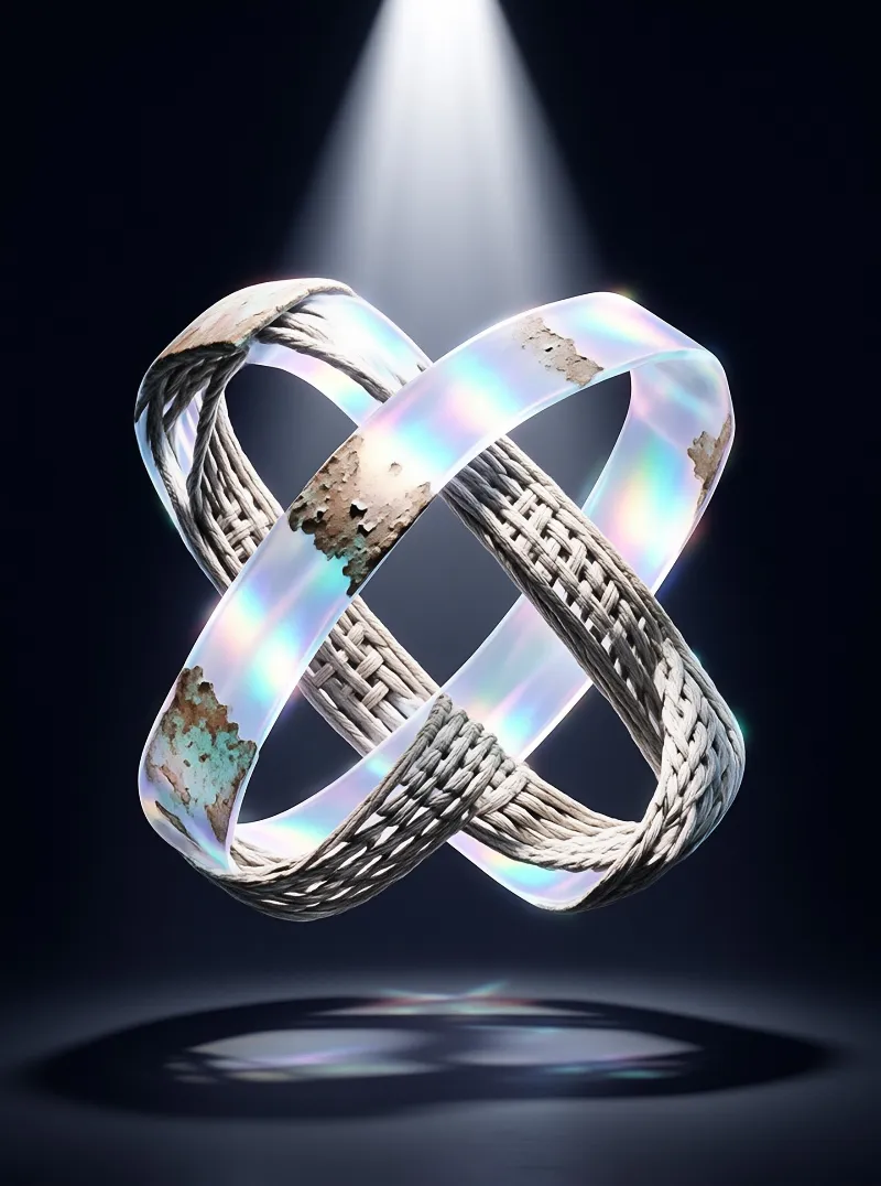 An interwoven object combining iridescent material and woven rope hangs suspended beneath a focused light beam.
