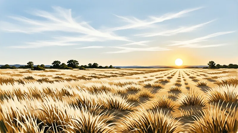 Brushstroke tufts of amber grass cover an open plain while the sun sinks near a dark line of trees.