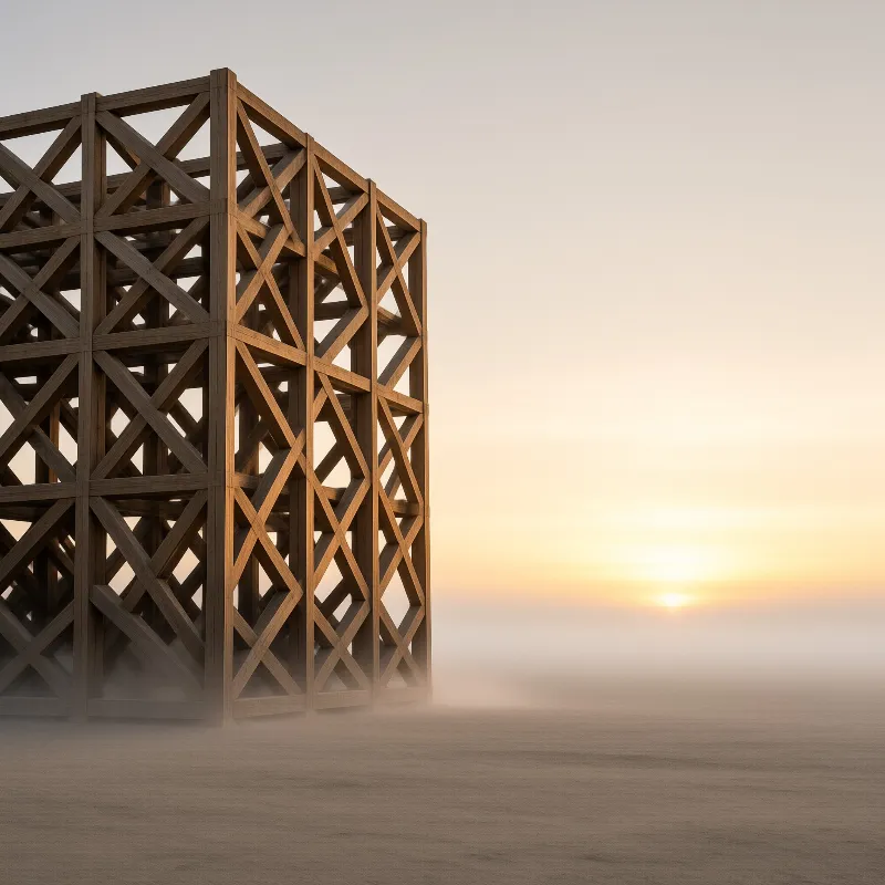 An open framework of crossed wooden beams stands on a misty plain while a pale sun glows low on the horizon.