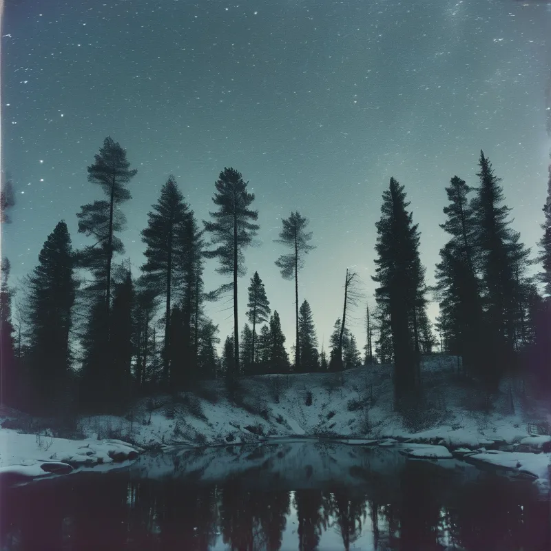 A quiet winter scene showing dark coniferous trees on a snowy bank reflected in a calm pond beneath a star-filled night sky.