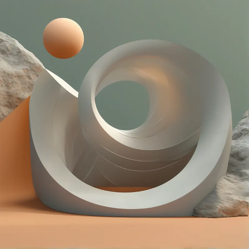 A large white torus sits between grey rocks on a peach platform while an orange ball hovers above.