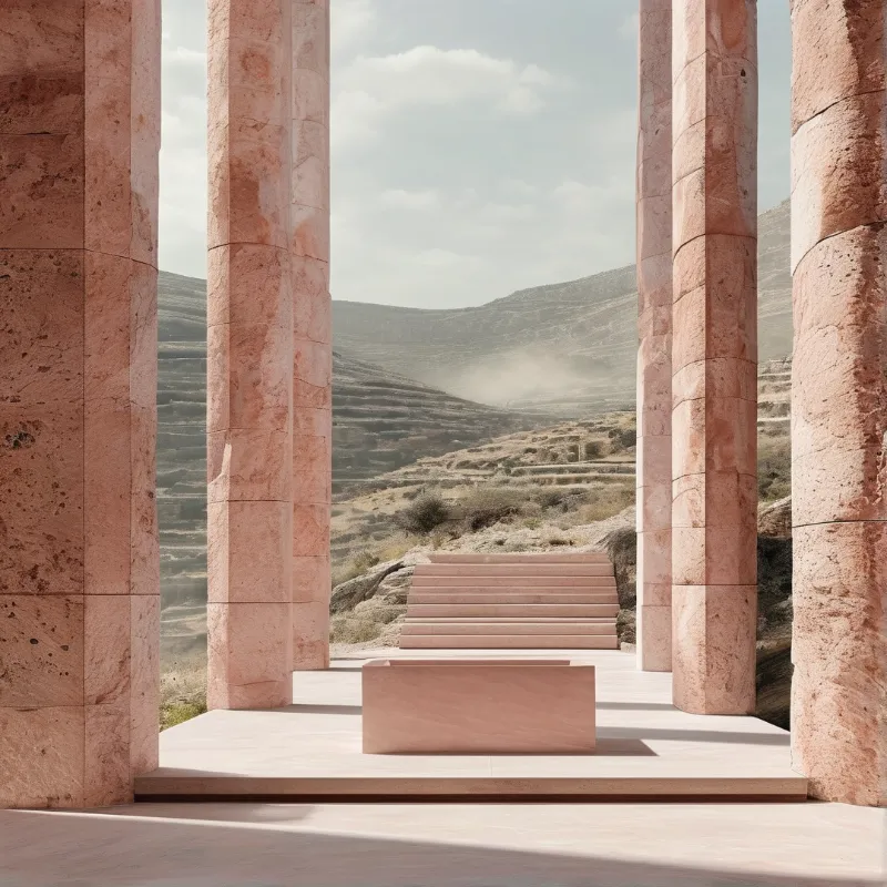 A row of weathered pink stone columns frames dry terraced hills and a pale sky, with a central stone platform and steps.