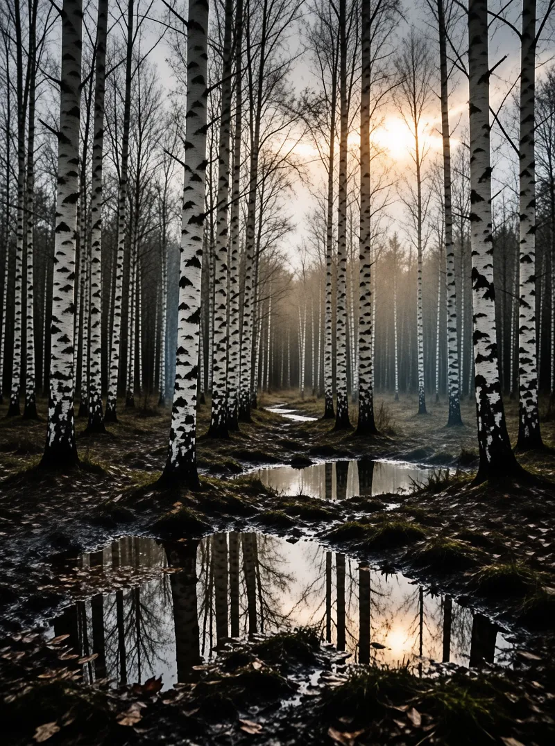 A grove of bare white birch trees stands in a muddy forest clearing, their reflections in a still puddle under a glowing sky.