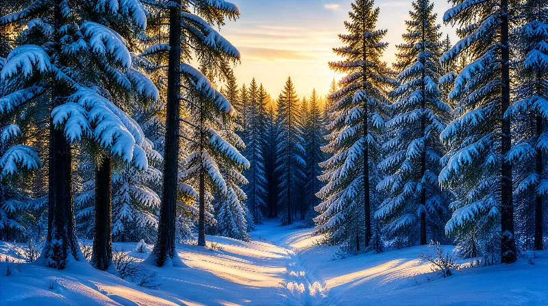 Sunlit Snowy Evergreen Forest