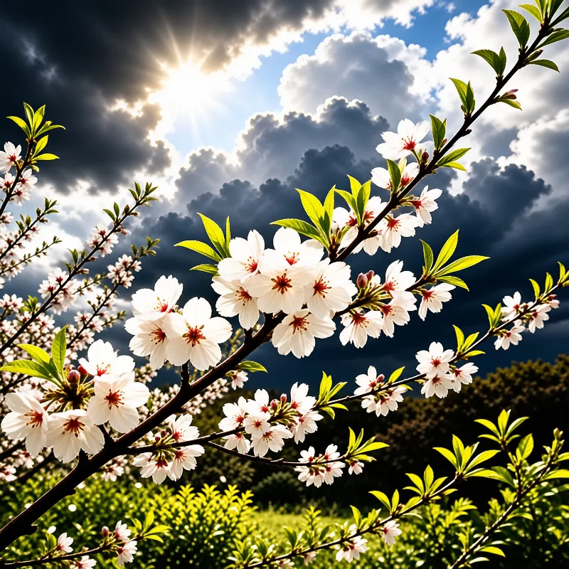 White cherry blossoms with red centers and green leaves stand out against a moody sky where bright sunbeams break through dark clouds.