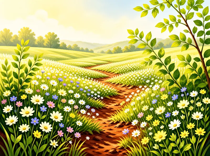 A winding dirt path cuts through a meadow filled with white daisies and colorful wildflowers near green hills.