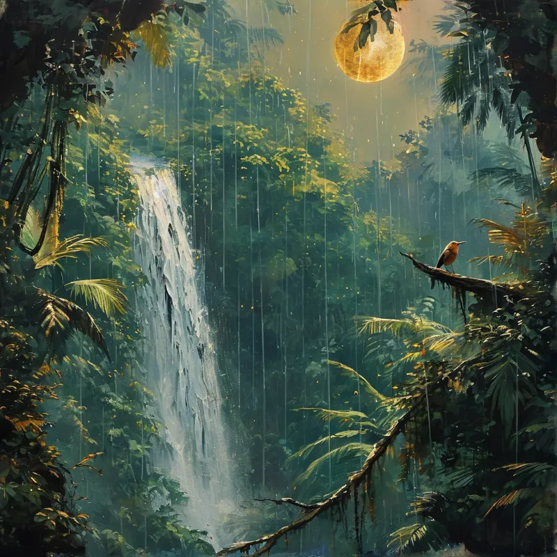 A small brown bird rests on a limb in a dense rainy jungle, with a tall waterfall flowing under a glowing full moon.