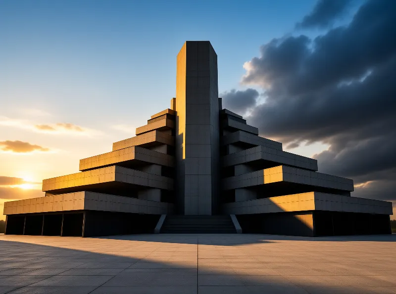 A tiered concrete pyramid rises from an empty plaza while low sunlight warms its terraces beneath storm clouds.