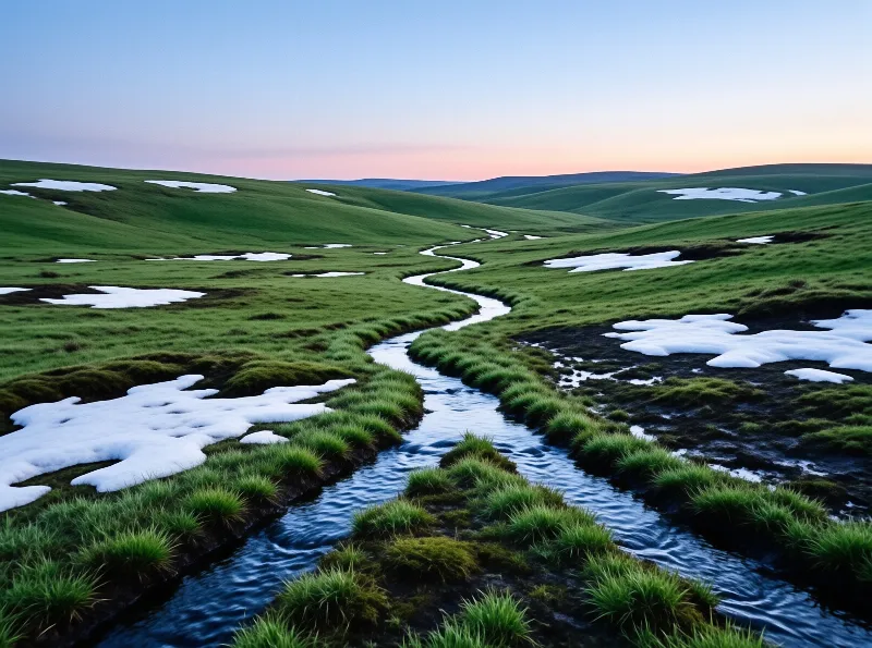 A narrow brook snakes across rolling emerald hills dotted with lingering patches of snow under a soft dusk sky.