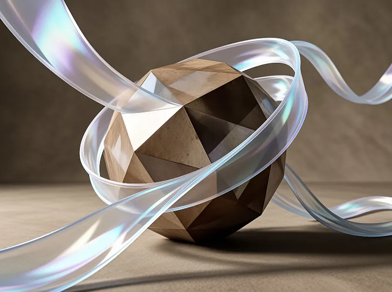 Brown faceted polyhedron rests on surface while translucent holographic ribbons swirl around creating motion.