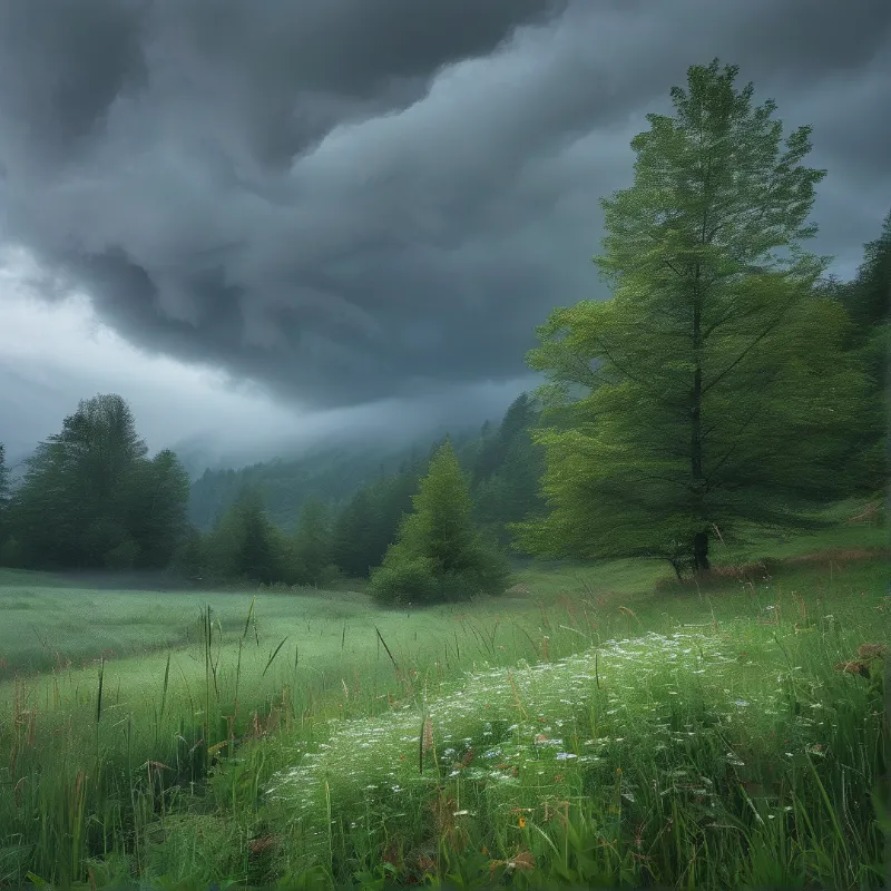 A lush green field with tall grass and a large tree stands beneath a sky filled with ominous grey clouds.