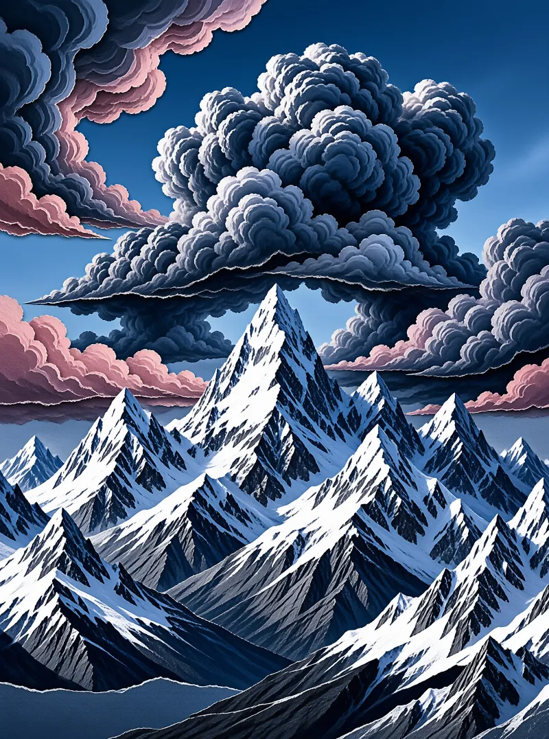 A stylized illustration depicts sharp snow-covered mountain ranges rising beneath a sky filled with massive layered clouds that transition from deep blue to soft pink near the horizon.