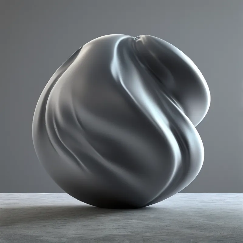 A smooth liquid metal form rests on a concrete surface, displaying bright reflections inside a neutral gray space.