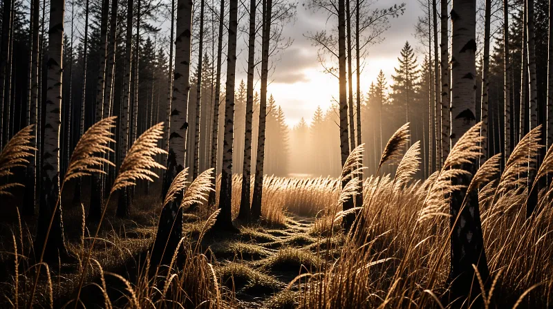 Tall birch trunks line a path through a misty woodland while bright rays shine across the dry reeds near the viewer.