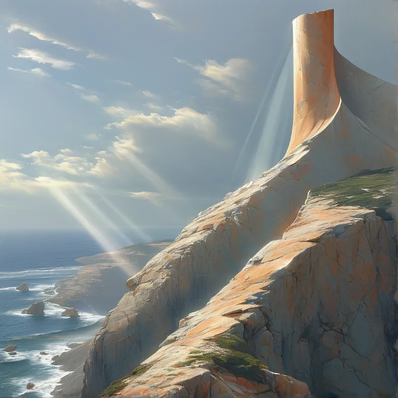A large rock formation rises along the coast as beams of sunlight stream through clouds and light the cliff face.