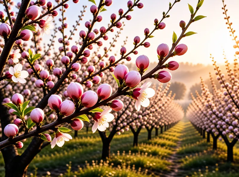 A close-up of pink flower buds on a tree branch with rows of orchard trees in the warm background.
