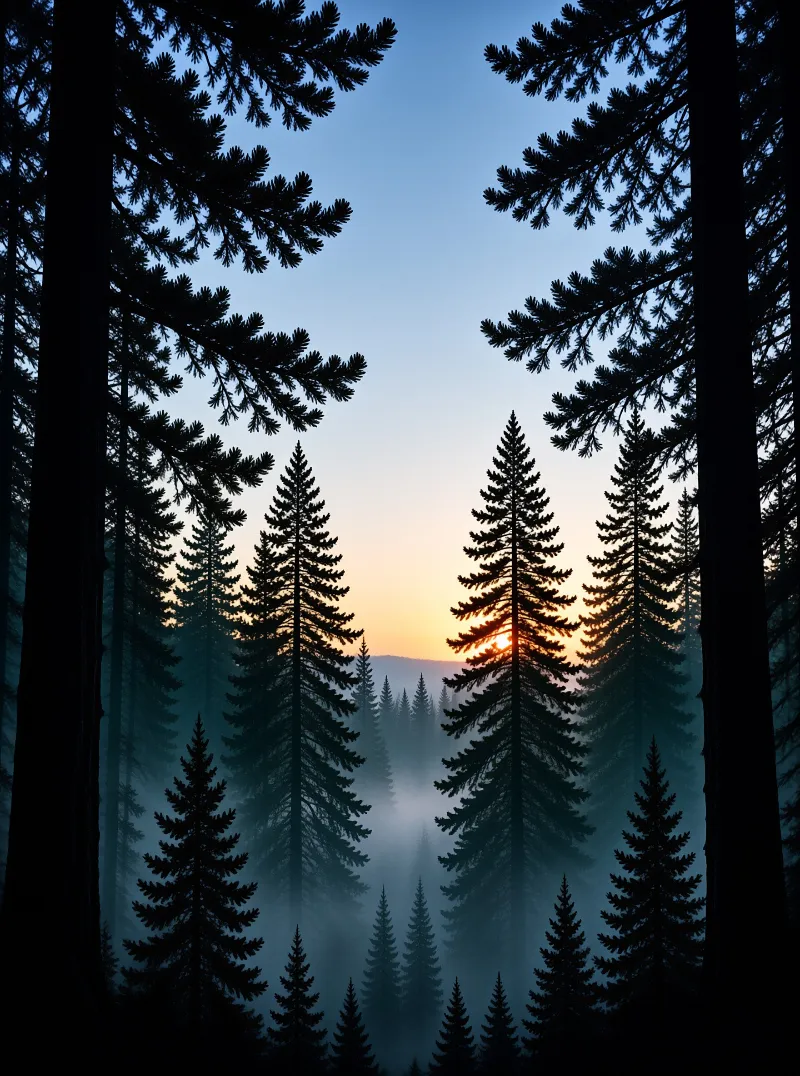 Dark evergreen silhouettes frame a bright orange sun rising over misty hills while blue fog fills the forest valley floor.