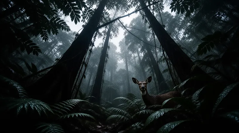 A wild deer looks directly at the camera from within a dense, foggy woodland filled with large ferns and towering trees.