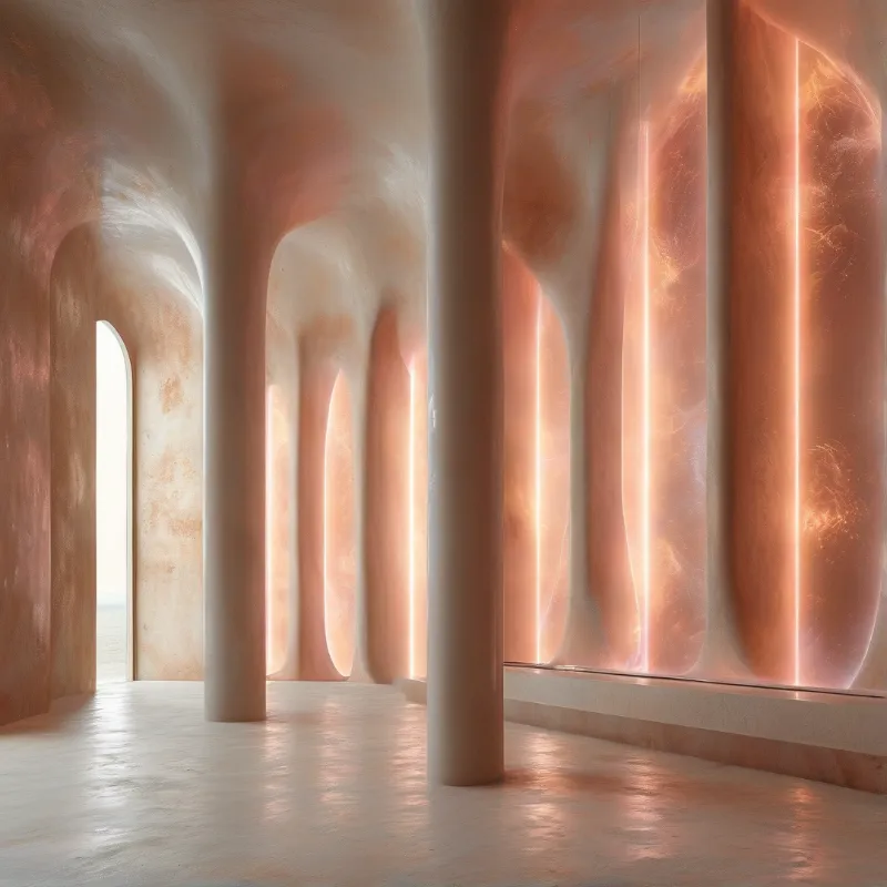 Smooth white pillars stand in a curved room featuring vertical orange glowing lines on the walls.